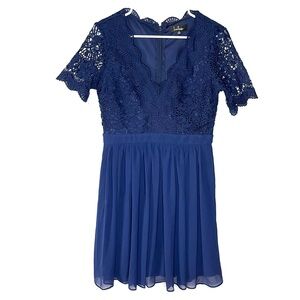 Lulu’s Angel In Disguise Blue Lace Skater Chiffon Dress Womens Sz M Semi Formal